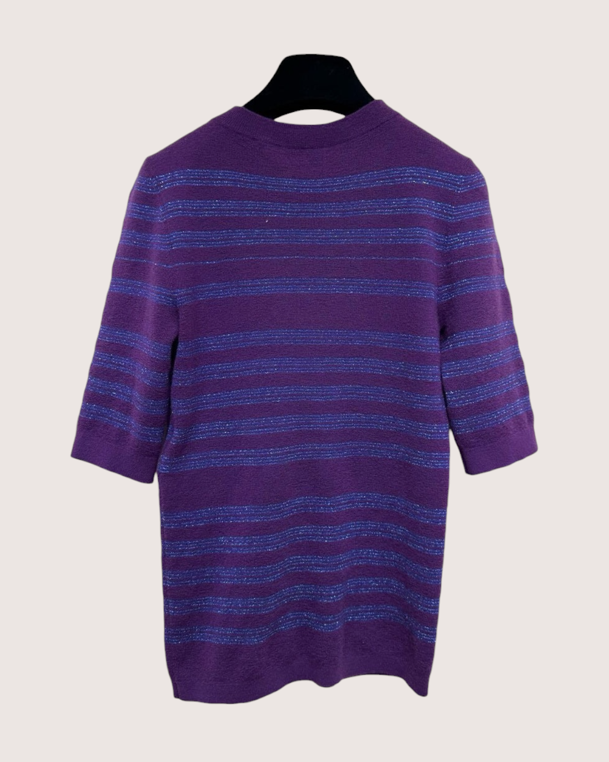 Chanel 23B Cashmere Striped Metallic Short-Sleeve Sweater Purple, Blue FR 38