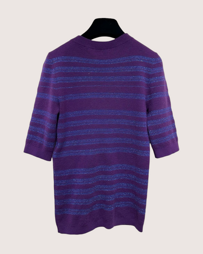 Chanel 23B Cashmere Striped Metallic Short-Sleeve Sweater Purple, Blue FR 38