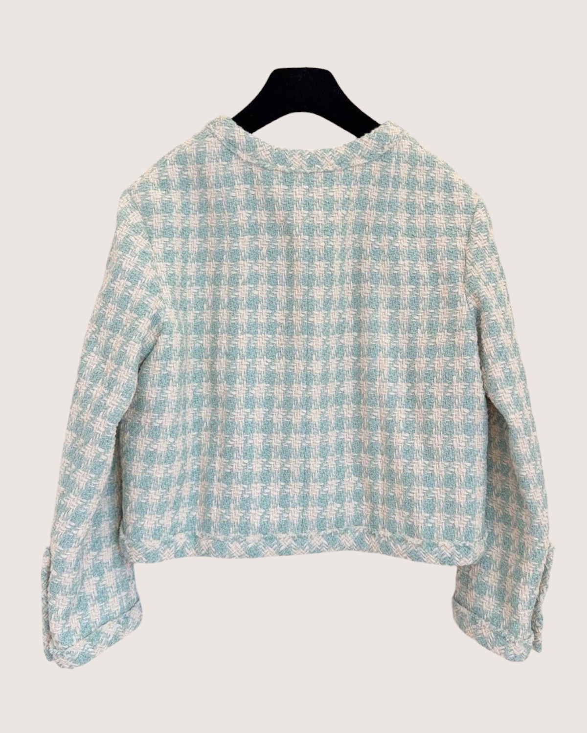 Chanel Check Tweed Cropped Jacket Green, Beige/Ecru FR 36