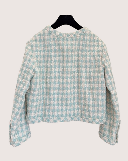Chanel Check Tweed Cropped Jacket Green, Beige/Ecru FR 36