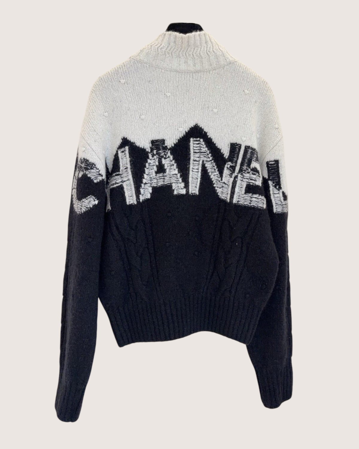 Chanel 21N Coco Neige Cashmere Coco Logo Mock-Neck Sweater Black, White FR 38