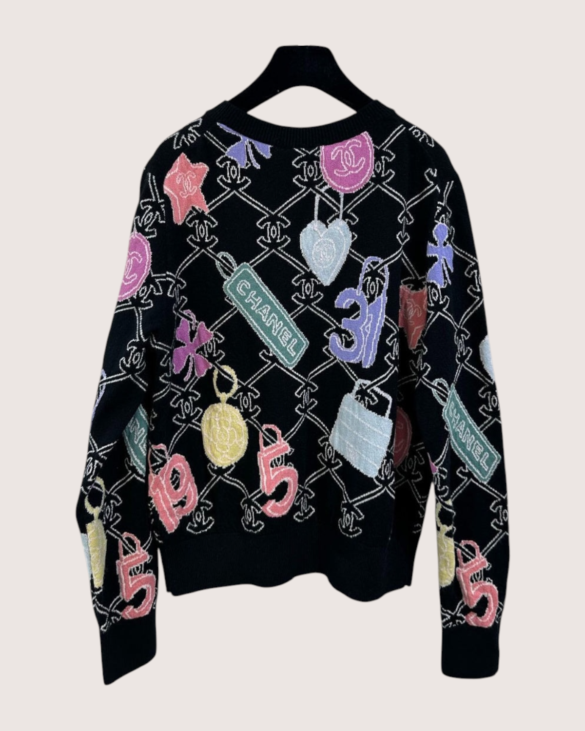 Chanel 22P Cashmere CC Charm Motif Sweater Black, White, Pink, Multicolor FR 38