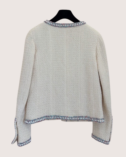 Chanel 20C Braided-Trim Tweed Jacket Beige/Ecru, Pink, Blue FR 34