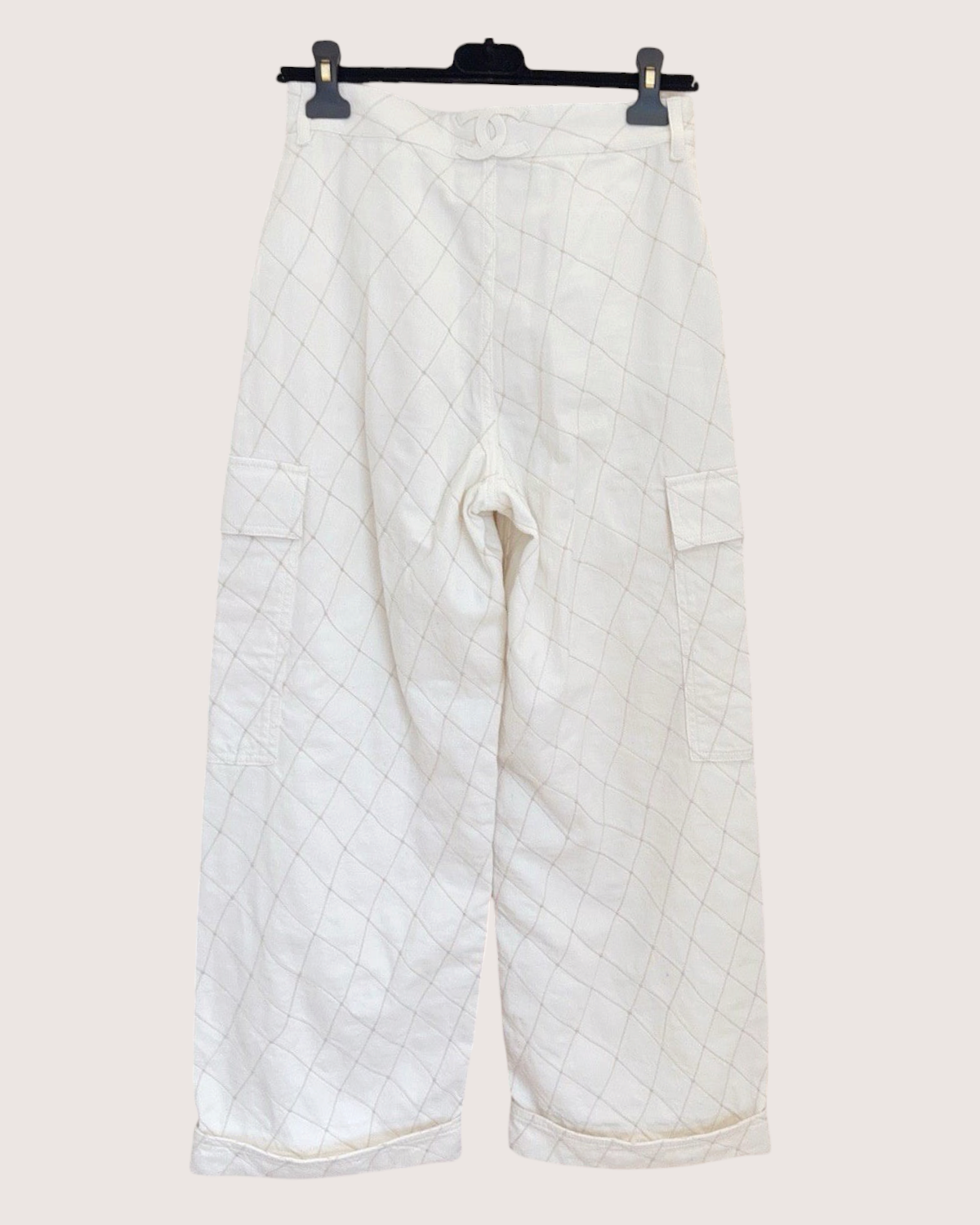 Chanel 26M Coco Beach Diamond-Stitch Wide-Leg Cargo Denim Jeans White, Beige/Ecru FR 36
