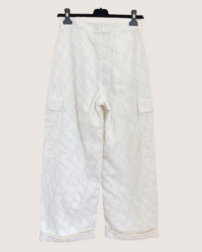 Chanel 26M Coco Beach Diamond-Stitch Wide-Leg Cargo Denim Jeans White, Beige/Ecru FR 36