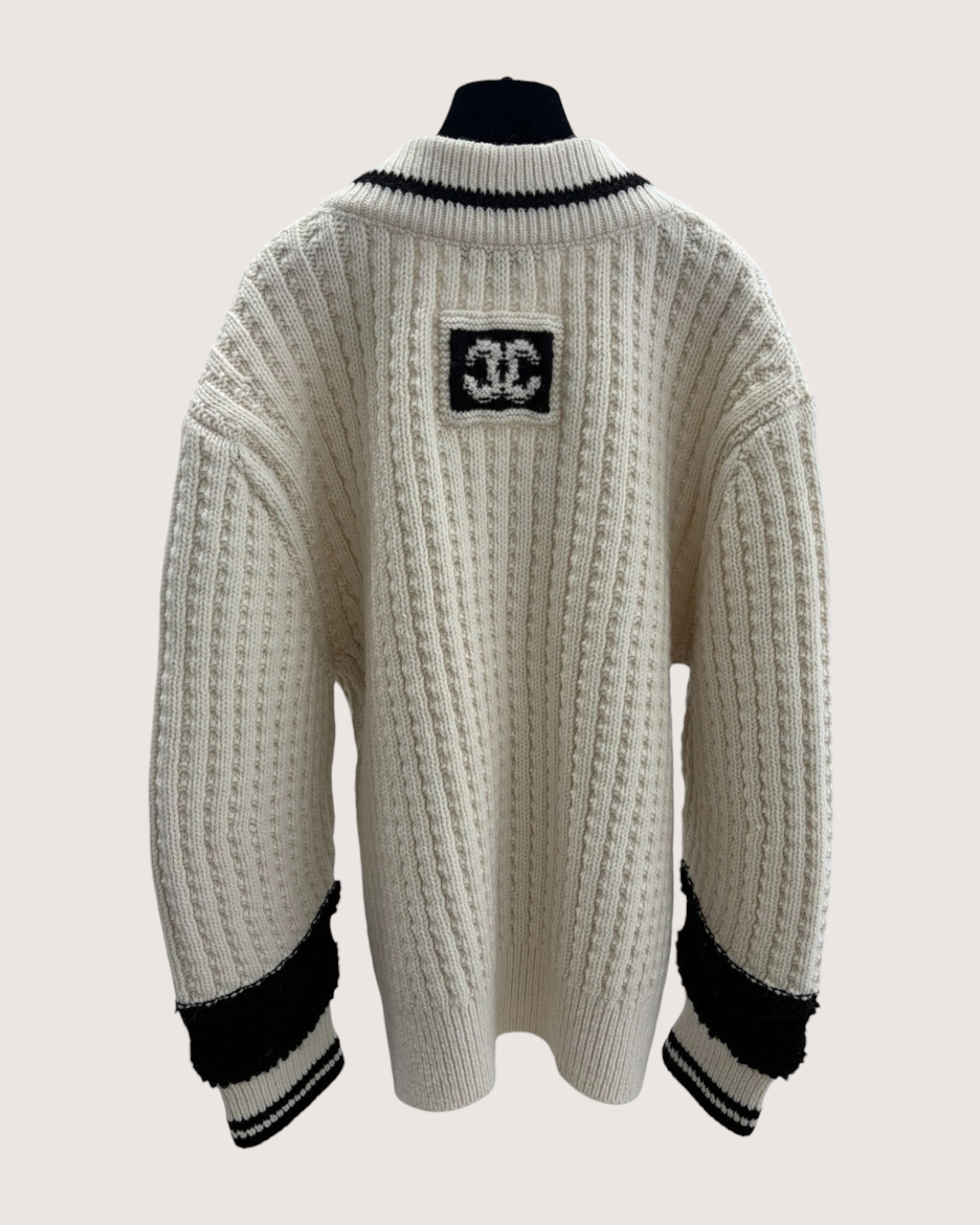 Chanel 25N Cable-Knit V-Neck Sweater Beige/Ecru, Black FR 40