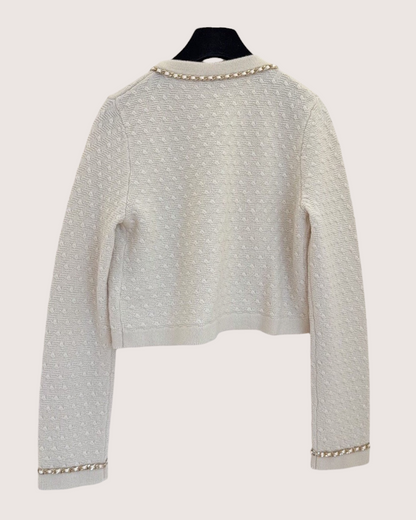 Chanel 23B Cashmere Chain-Trim Cardigan Beige/Ecru, Gold FR 34