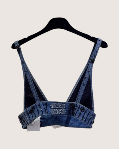Miu Miu Beaded Denim Bralette Top Blue, Black FR 32