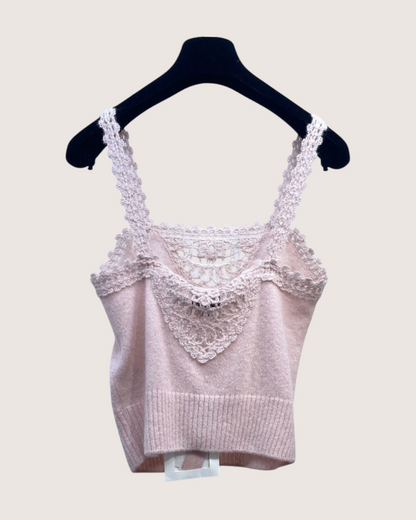 Chanel 25B Wool Crochet Strappy Top Pink, Beige/Ecru FR 34