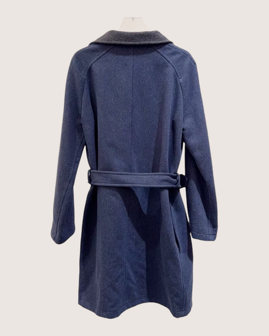 Hermès Wool Two-Tone Belted Coat Navy, Grey FR 34