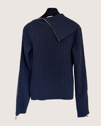 Chanel 24K Wool Zip-Up Sweater Navy FR 36