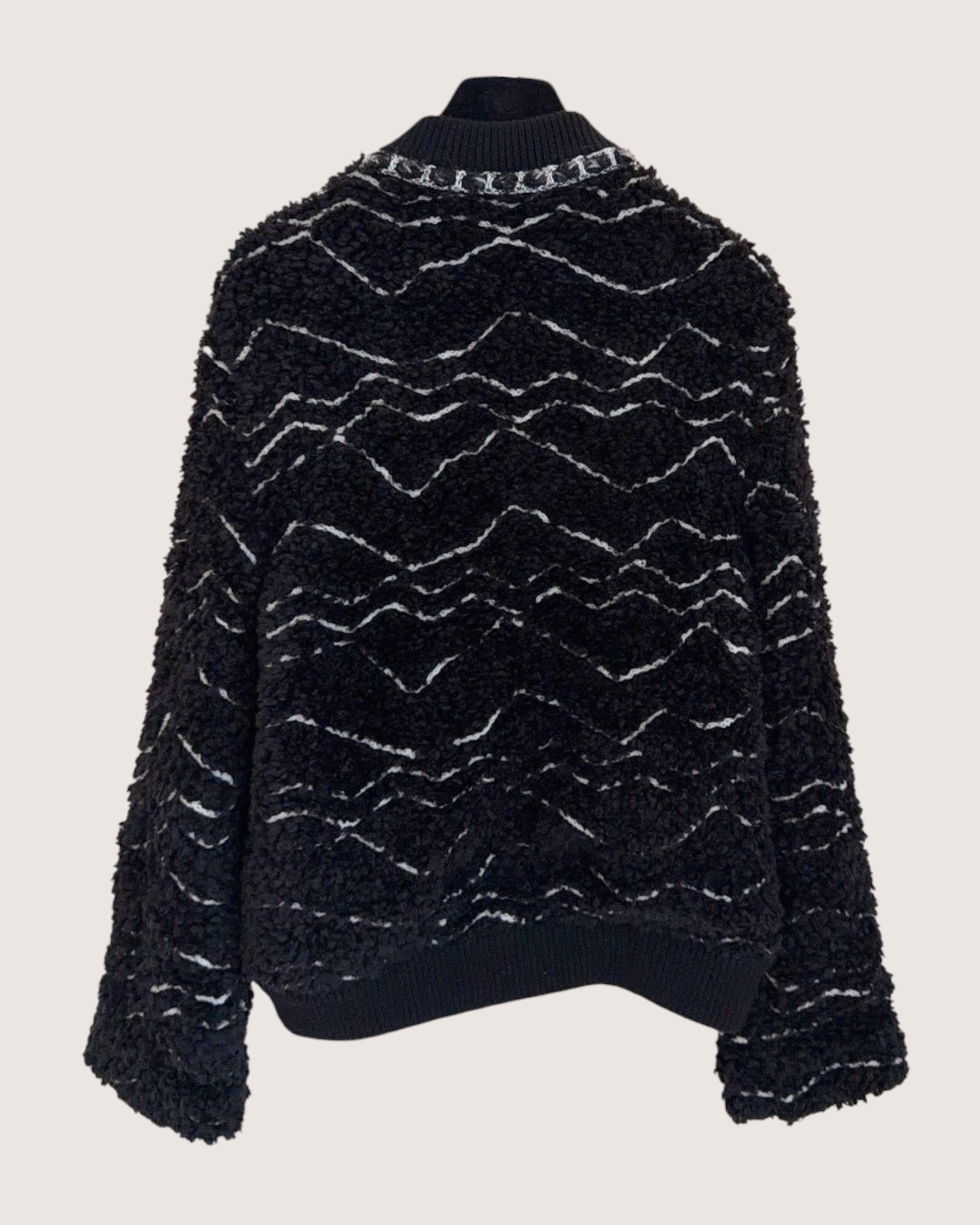 Chanel 19B Wave-Stripe Teddy Bomber Jacket Black, White FR 38