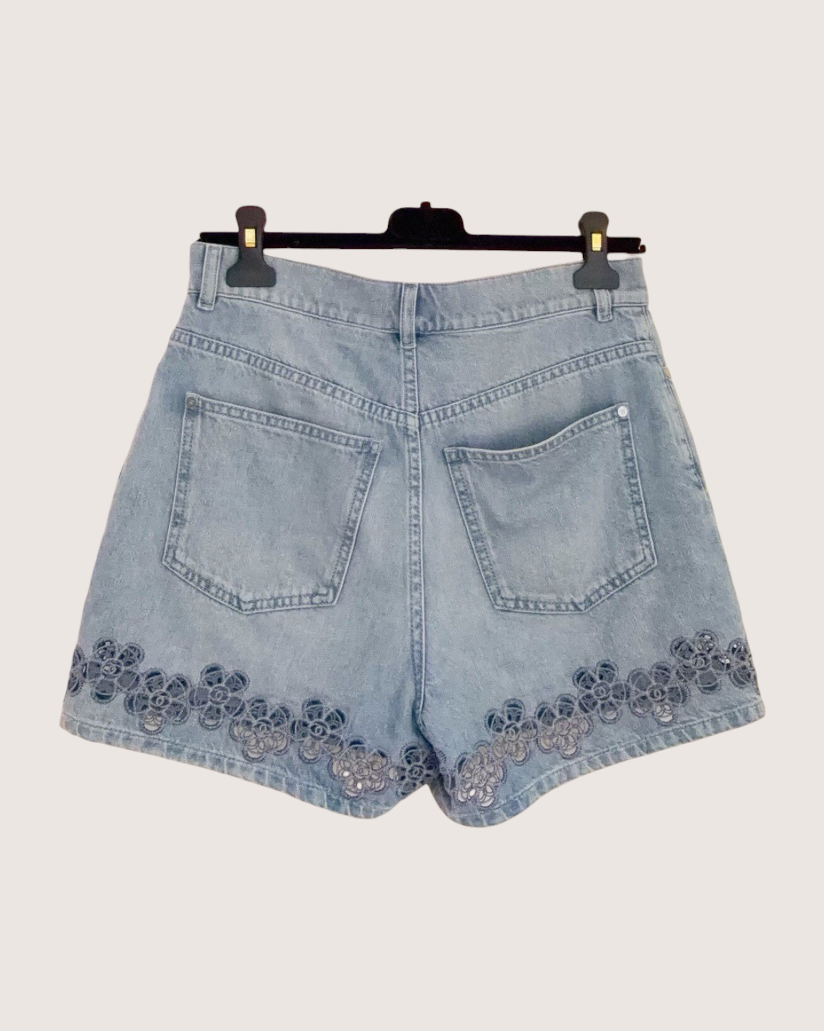 Chanel 24P Floral Lace Denim Shorts Blue, Black FR 34