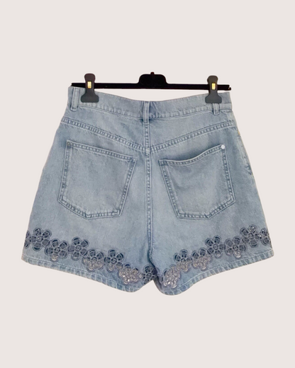 Chanel 24P Floral Lace Denim Shorts Blue, Black FR 34