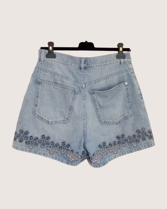 Chanel 24P Floral Lace Denim Shorts Blue, Black FR 34