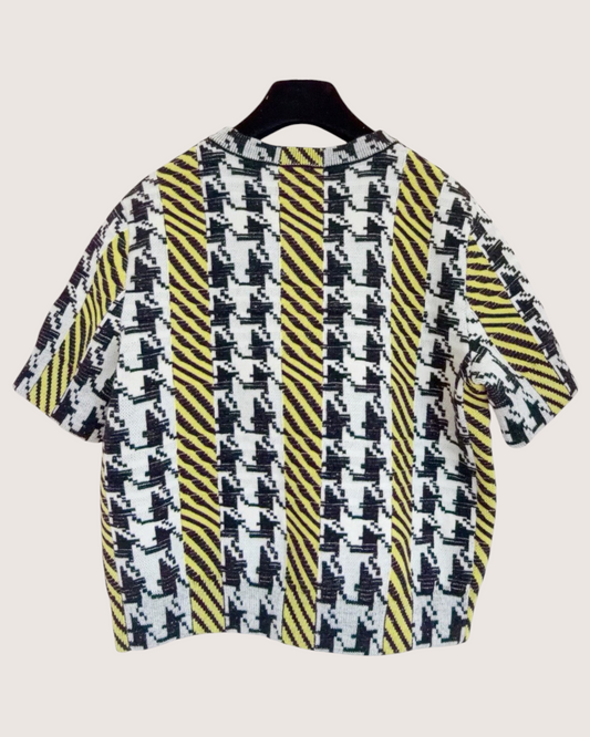 Chanel 24A Wool Houndstooth Short-Sleeve Cardigan Black, White, Yellow, Multicolor FR 40