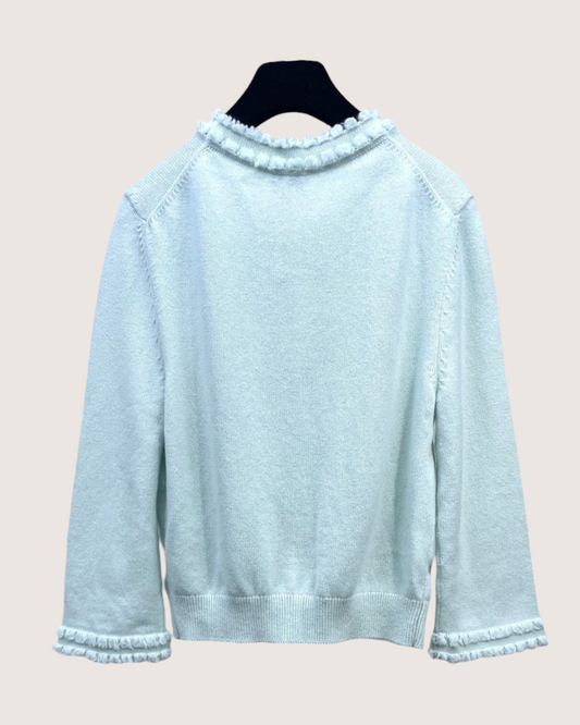 Chanel 25S Cashmere Ruffle-Trim Cardigan Green FR 36