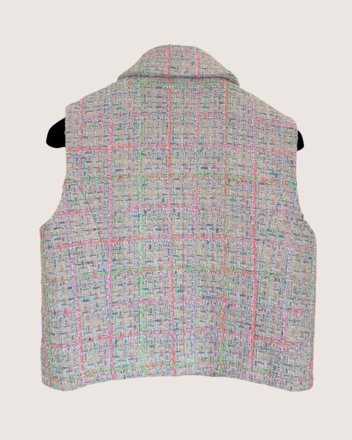 Chanel 24C Collared Check Tweed Vest Pink, Green, Blue, Multicolor FR 38