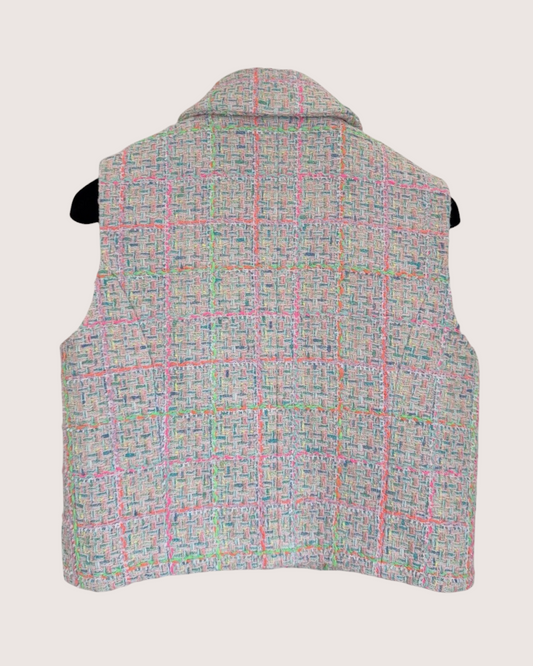 Chanel 24C Collared Check Tweed Vest Pink, Green, Blue, Multicolor FR 38