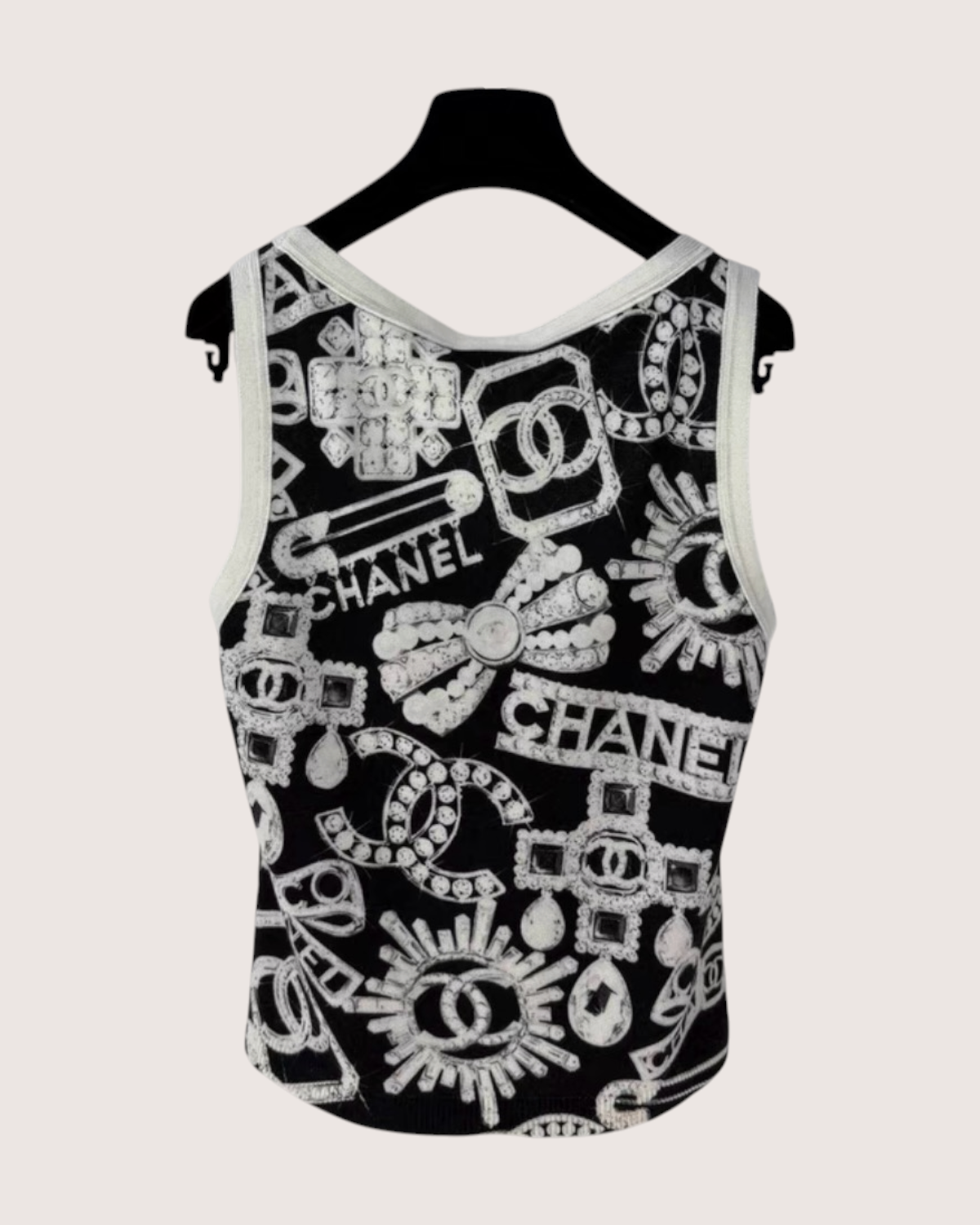 Chanel 23N Coco Neige Cashmere Jewelry-Print Top Black, White FR 34