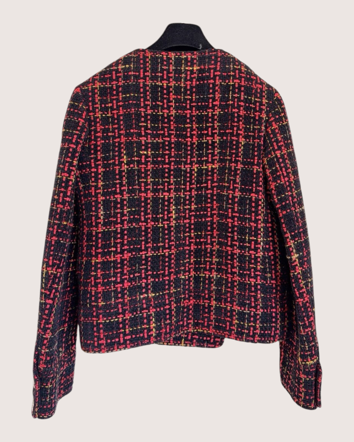 Chanel 22K Plaid Tweed Jacket Black, Red, Yellow FR 34