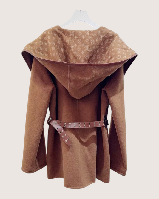 Louis Vuitton Hooded Wool Logo Coat Brown, Beige/Ecru FR 44