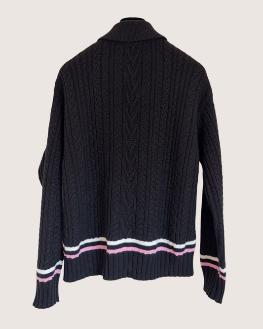 Chanel 23P Cashmere Collared Striped Cable Cardigan Black, Pink, White FR 38