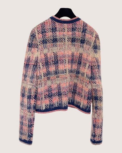 Chanel 22A Wool Plaid Cropped Cardigan Pink, Beige/Ecru, Navy FR 40