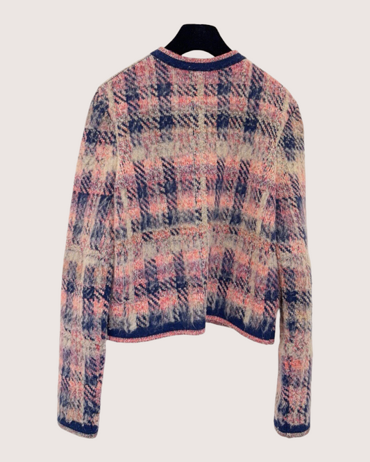 Chanel 22A Wool Plaid Cropped Cardigan Pink, Beige/Ecru, Navy FR 40