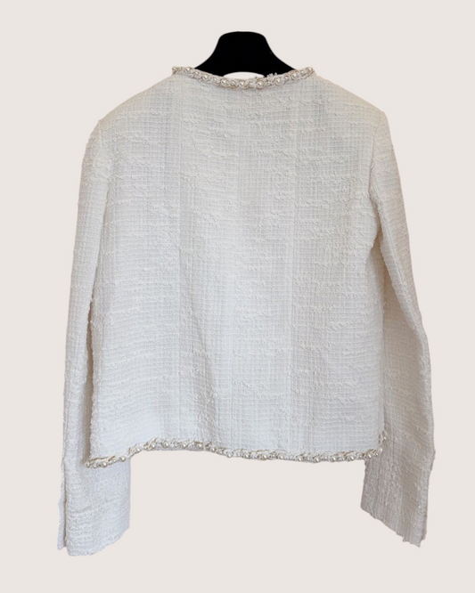 Chanel 25P Pearl-Trim Tweed Jacket White FR 40
