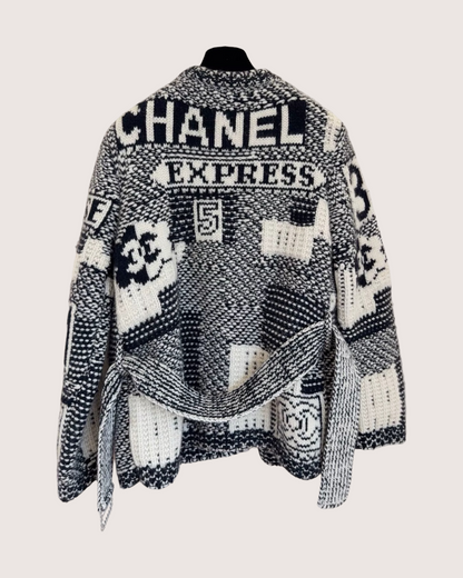 Chanel 20C Belted Cashmere Cardigan Grey, White, Black FR 36