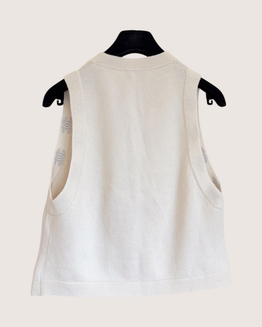 Chanel 23K Cashmere Camellia Vest Beige/Ecru FR 40