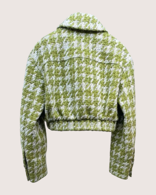 Chanel 22B Houndstooth Wool Cropped Jacket Green, White FR 36