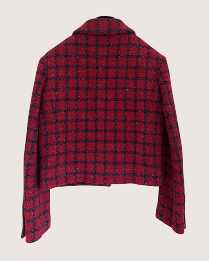 Chanel 22K Checked Tweed Collared Jacket Red, Navy FR 36
