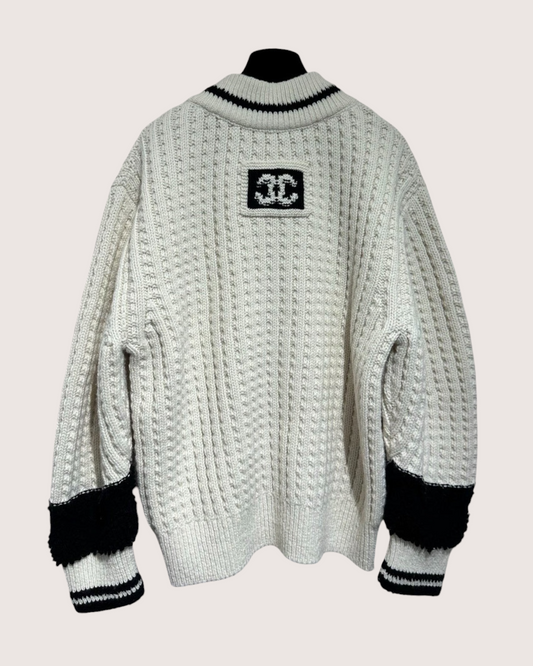 Chanel 25N Coco Neige Wool Contrast-Trim V-Neck Cable Sweater Beige/Ecru, Black FR 34