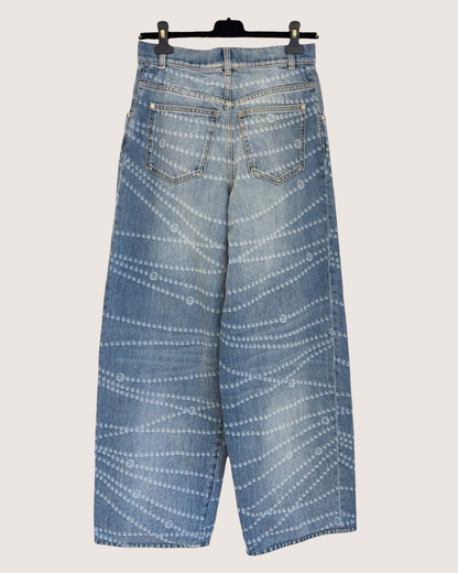 Chanel 25P CC Pearl-Print Wide-Leg Denim Jeans Blue FR 34
