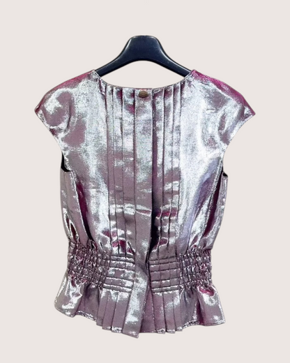 Chanel Metallic Lamé Pleated Blouse Silver, Pink FR 34