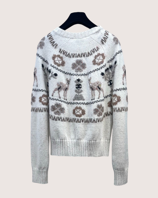 Chanel 25N Coco Neige Cashmere Deer Cardigan Beige/Ecru, Brown, Gold FR 36