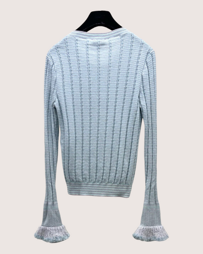 Chanel 25B Cashmere Striped Fringe-Cuff Cardigan Blue, White, Multicolor FR 34