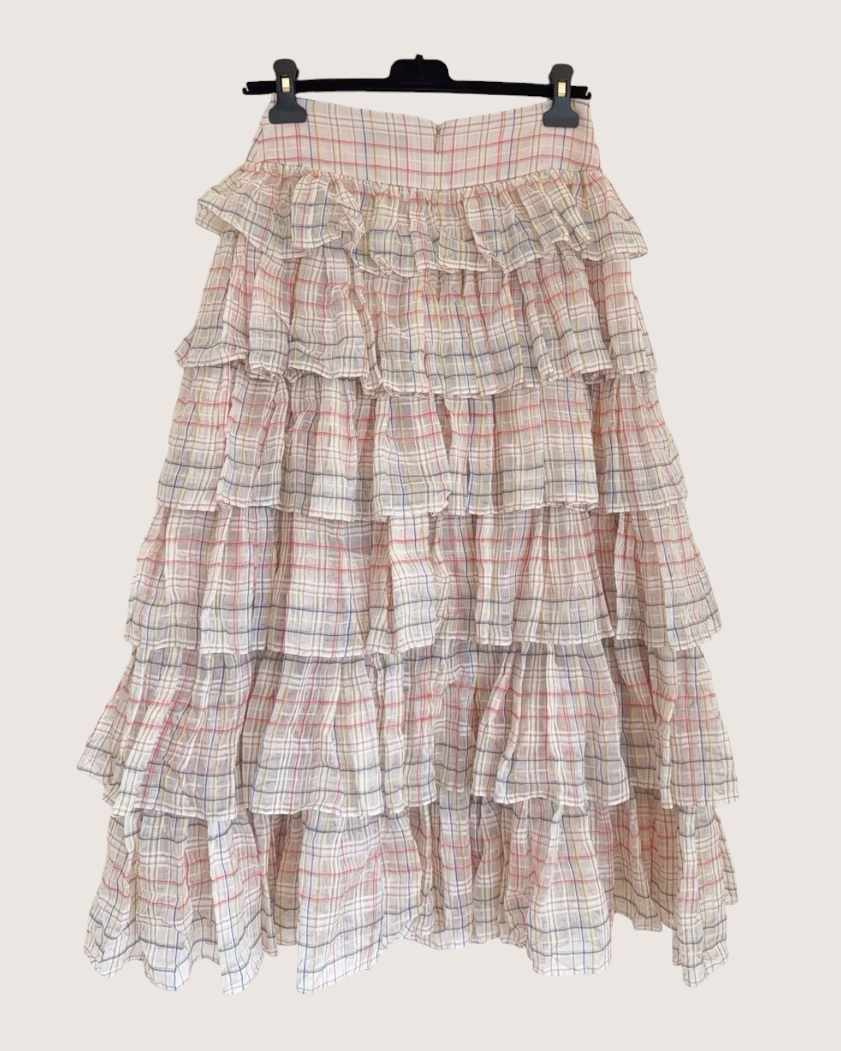 Chanel 20C Plaid Ruffled Mid-Length Skirt Pink, Beige/Ecru, Multicolor FR 36