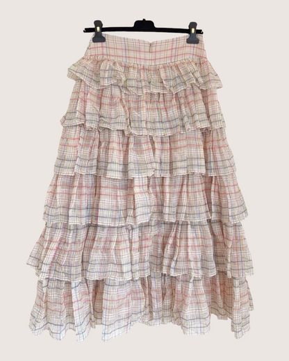 Chanel 20C Plaid Ruffled Mid-Length Skirt Pink, Beige/Ecru, Multicolor FR 36