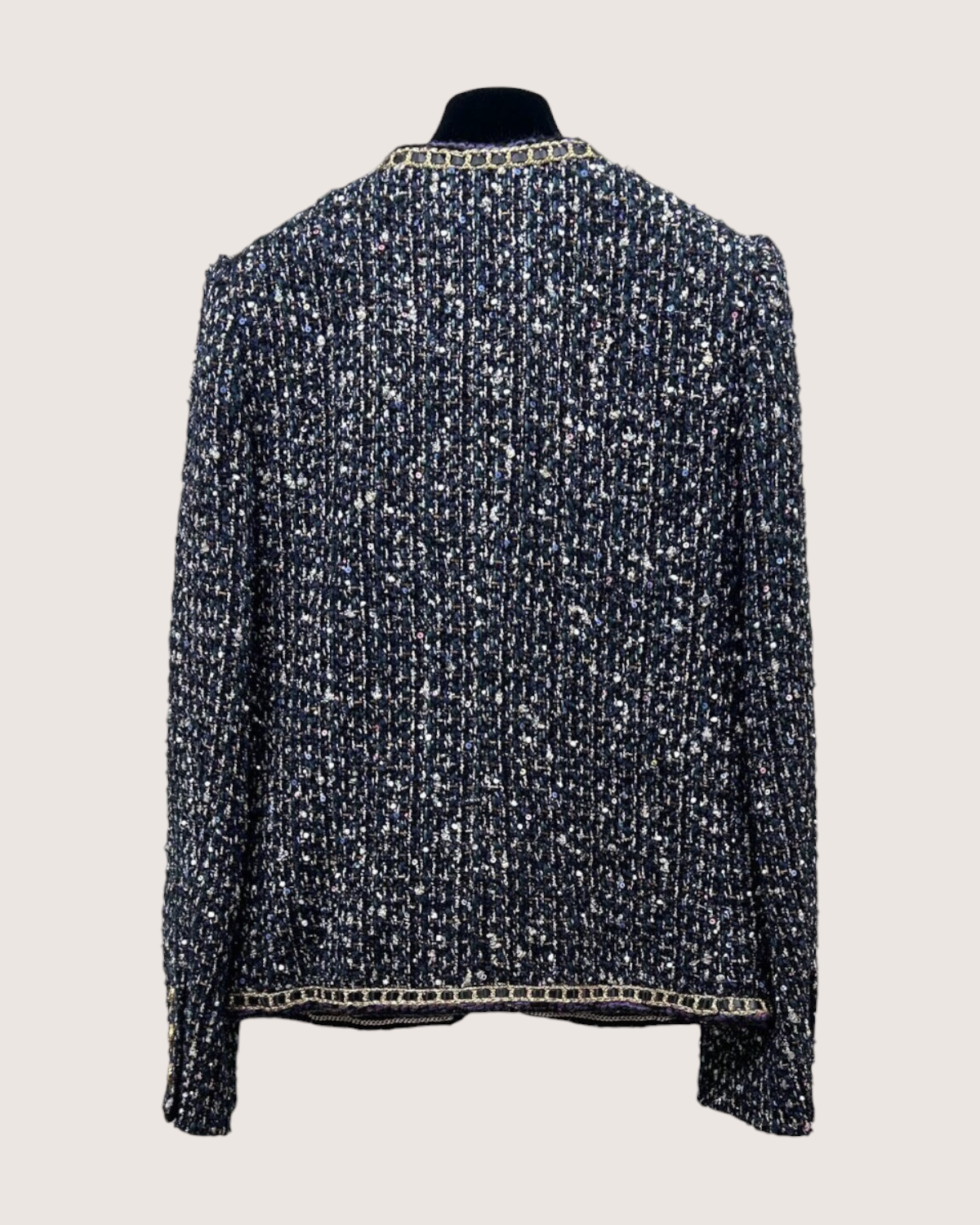 Chanel 21A Wool Sequin Tweed Jacket Navy, Gold, Multicolor FR 38