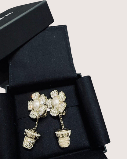 Chanel Camellia Flower Pot Earrings Gold, White One Size