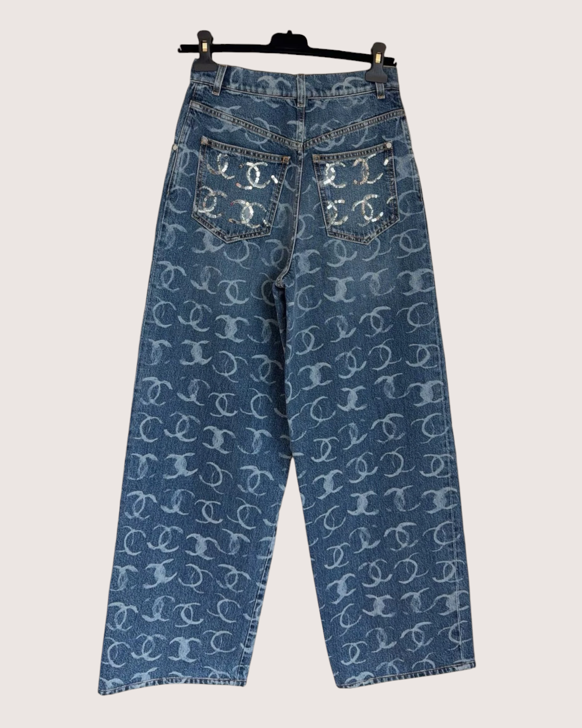 Chanel Sequin CC Wide-Leg Denim Jeans Blue, Silver FR 34