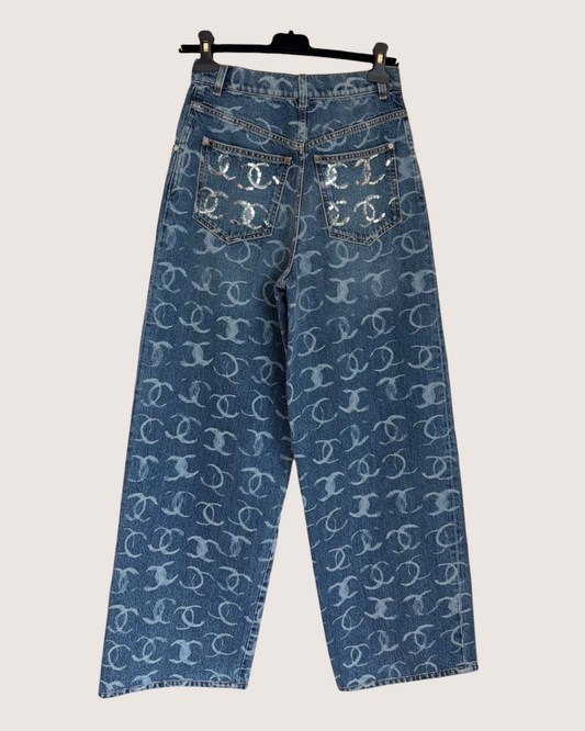 Chanel Sequin CC Wide-Leg Denim Jeans Blue, Silver FR 34