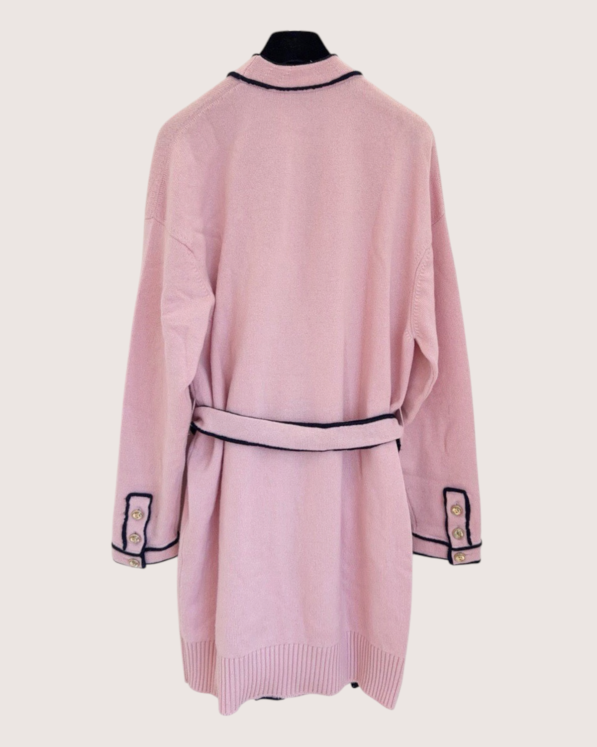 Chanel 21S Cashmere Contrast-Trim Belted Long Cardigan Pink, Navy FR 36