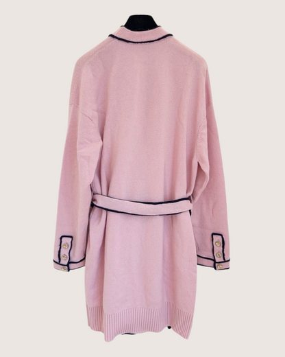 Chanel 21S Cashmere Contrast-Trim Belted Long Cardigan Pink, Navy FR 36