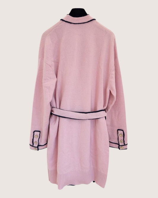Chanel 21S Cashmere Contrast-Trim Belted Long Cardigan Pink, Navy FR 36