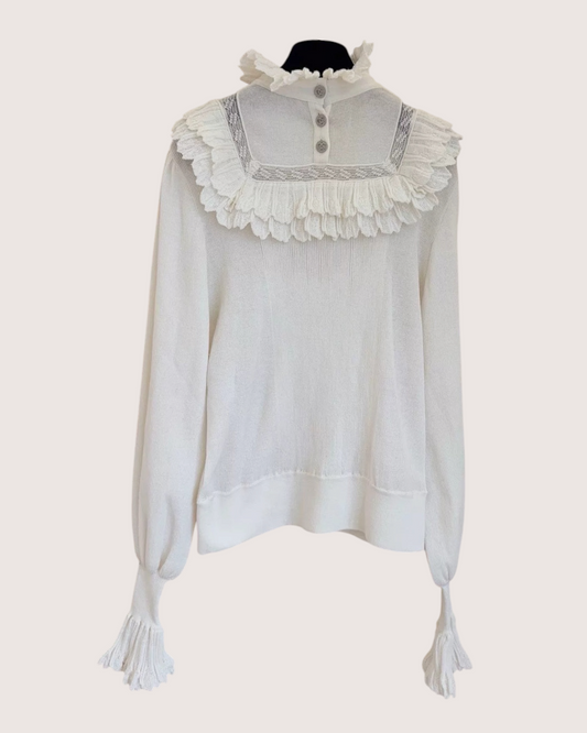 Chanel 20B Fringe-Trim Sweater White FR 36