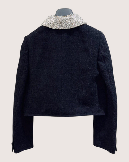 Miu Miu Cropped Crystal-Collar Tweed Jacket Black, Silver FR 36